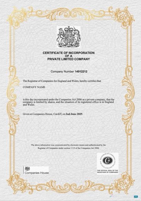 UK certificate of incorporation of a private limited company Word and PDF template, version 3